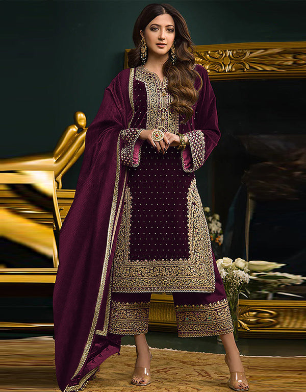Traditional Party Wear Velvet Salwar Suit Purple Velvet Palazzo Straight Front View